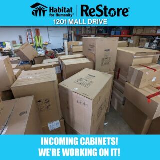 Our Southside ReStore is working diligently to unbox these new kitchen cabinets! Visit us this weekend and do some shopping! Your purchases build homes! Thank you!