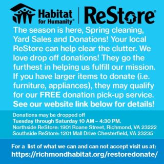 Feel free to share amongst your neighborhood social media groups! Thank you for helping Habitat build! https://richmondhabitat.org/restoredonate/