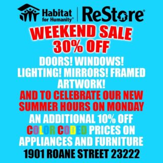 Good morning! Our Northside ReStore wants to see you this weekend! 30% off select items Friday and Saturday and then on MONDAY we'll be open and to celebrate there's 10% off color coded prices on appliances and furniture! Thank you!