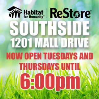 It's Tuesday and that means our Southside ReStore begins staying open an extra hour until 6:00pm on Tuesdays and Thursdays! That gives you a whole extra hour to impulse buy for a great cause! Come see us! Thank you!