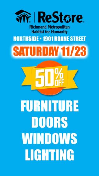 Our Northside ReStore is having a big ol Saturday Sale! Thank you for helping Habitat build right here in RVA! Have a great weekend!

#rva #rvanorthside #rvathrifting