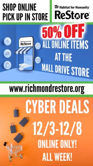 50% off! Cyber week! www.richmondrestore.org

#rva #rvathrifting #rvasouthside